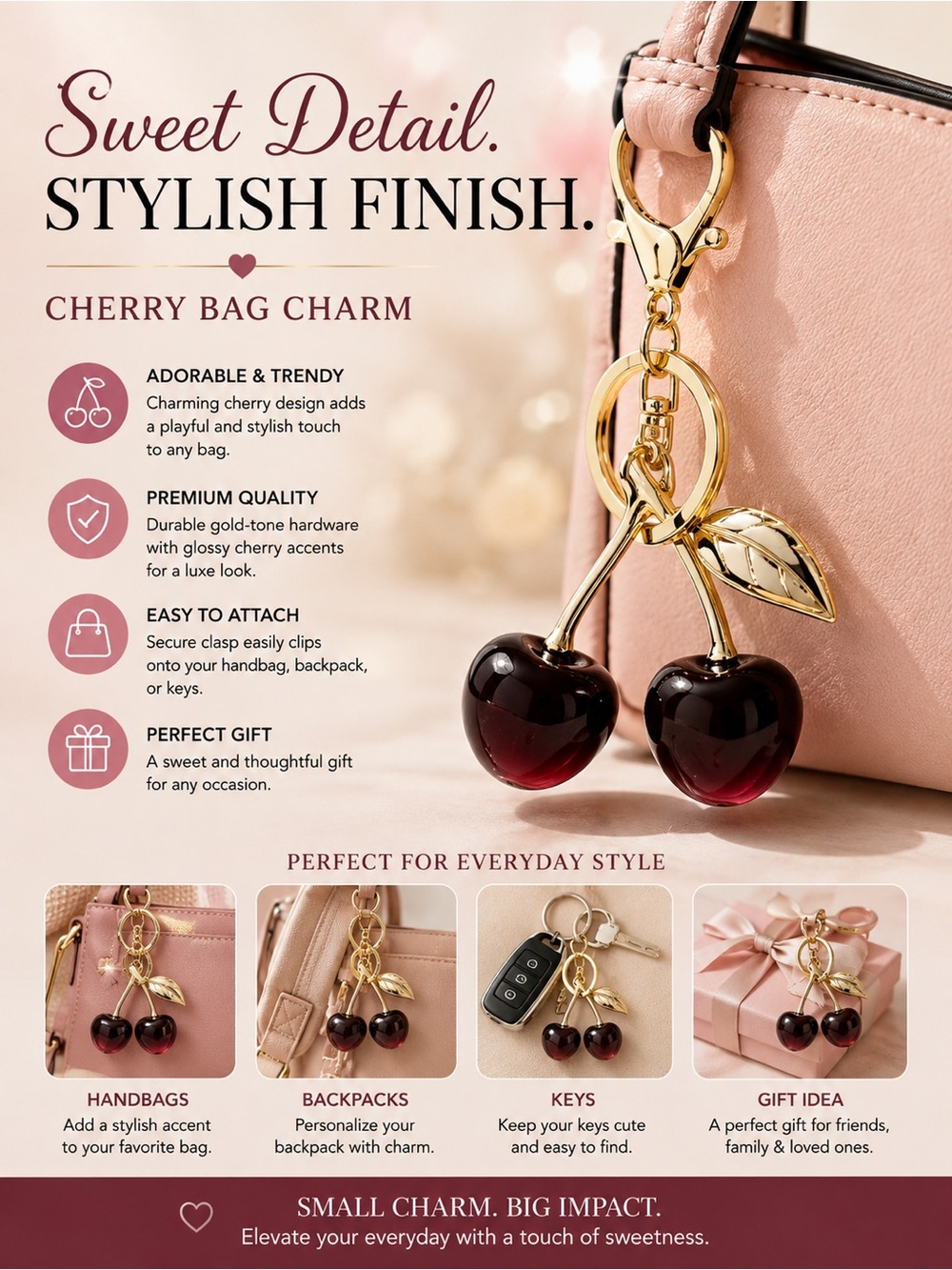Gold Cherry Bag Charm Keychain - Pink Accent